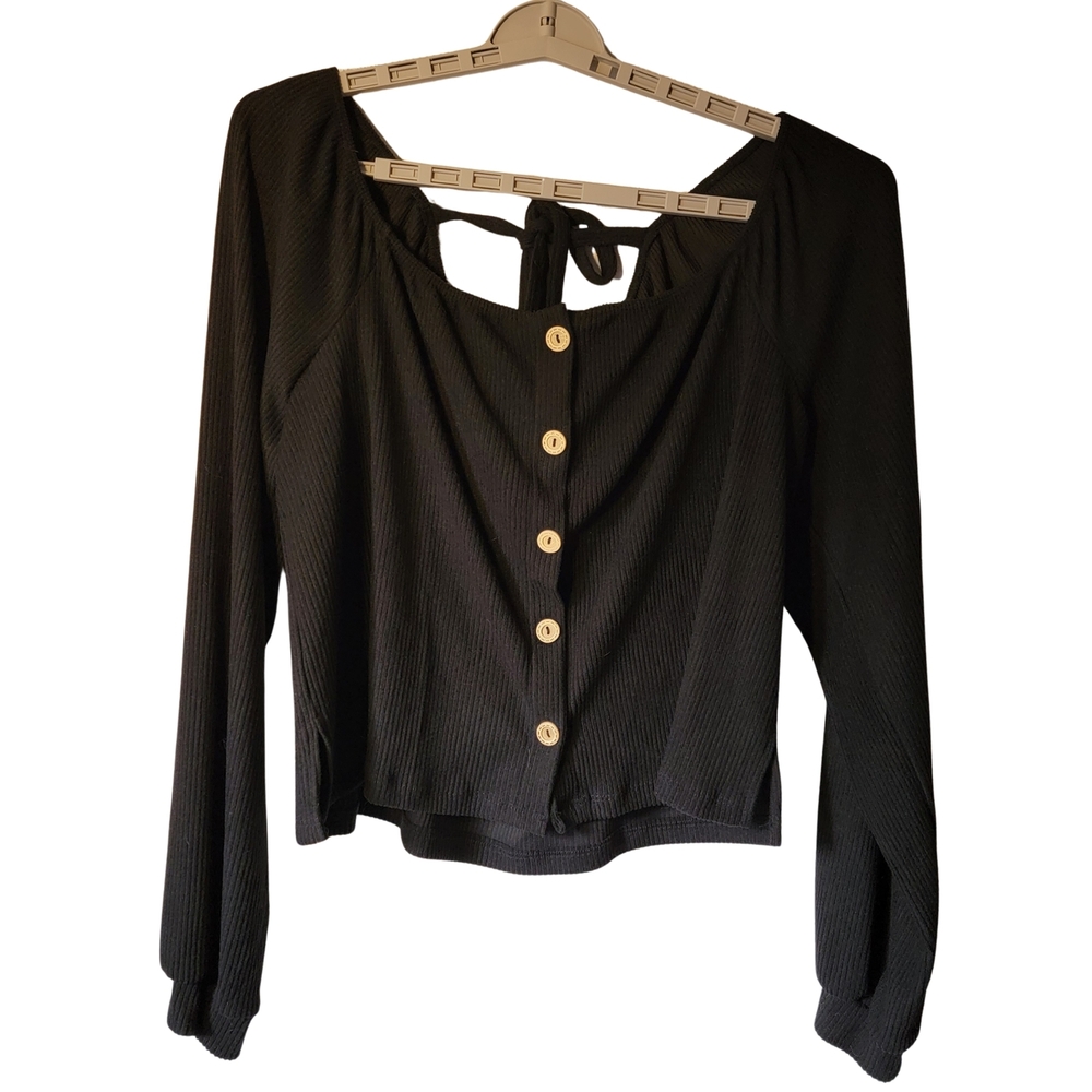 white birch Women Black Faux Button-Front  Long Sleeve Tie-Back Crop Top Size 1X